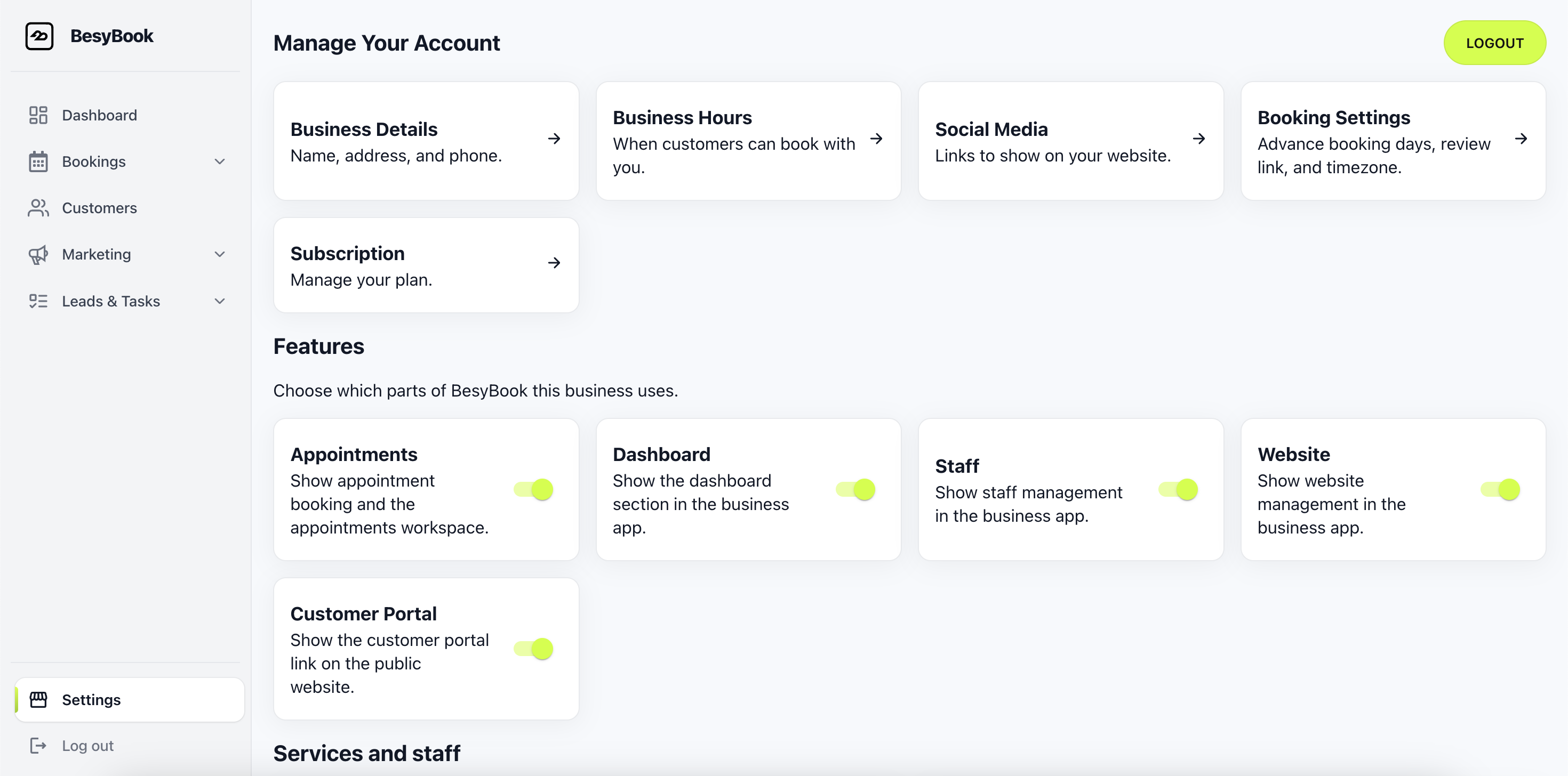 Business profile and social links in BesyBook