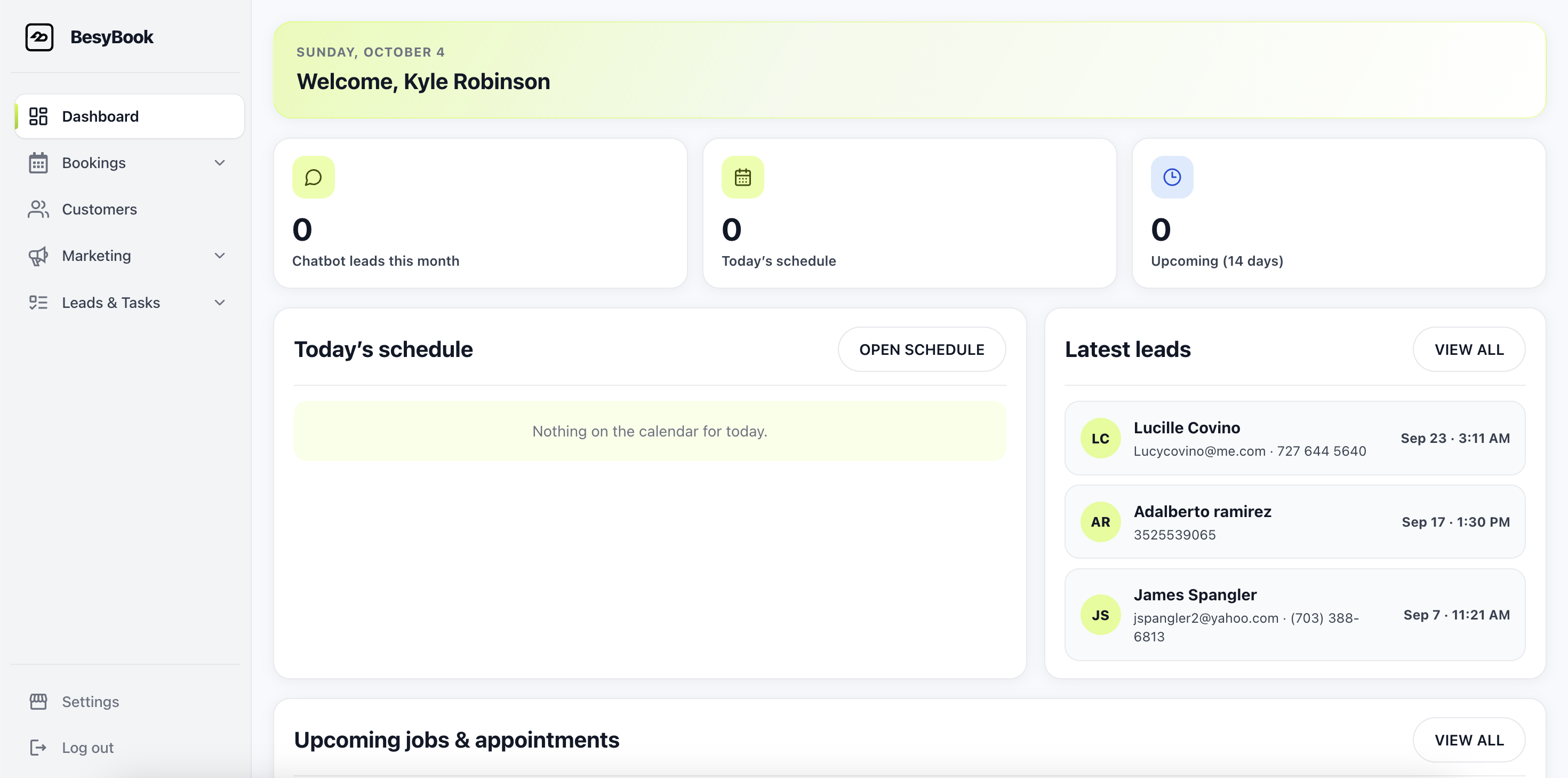 BesyBook dashboard showing jobs, schedule, and business summary